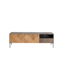 Tv Furniture Cabinet With 2 Doors And 1 Drawer In Recycled Teak, Zig Zag Motif