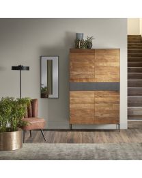 Hoge Kast In Gerecycleerde Teak. 4 Deuren En 2 Lade, Metaal Afwerking