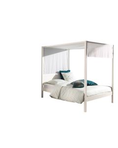 Hemelbed 140 X 200 Cm, Met Lattenbodem En Hemelbed Incl. Stoffen Kap, Kleur Wit