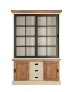 Display Cabinet 2 Glass Doors, 3 Drawers, Teak Finish